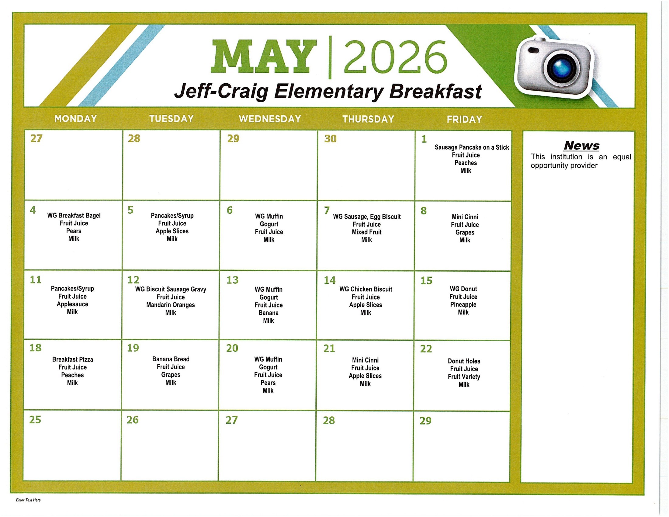 May 2026 Breakfast Menu