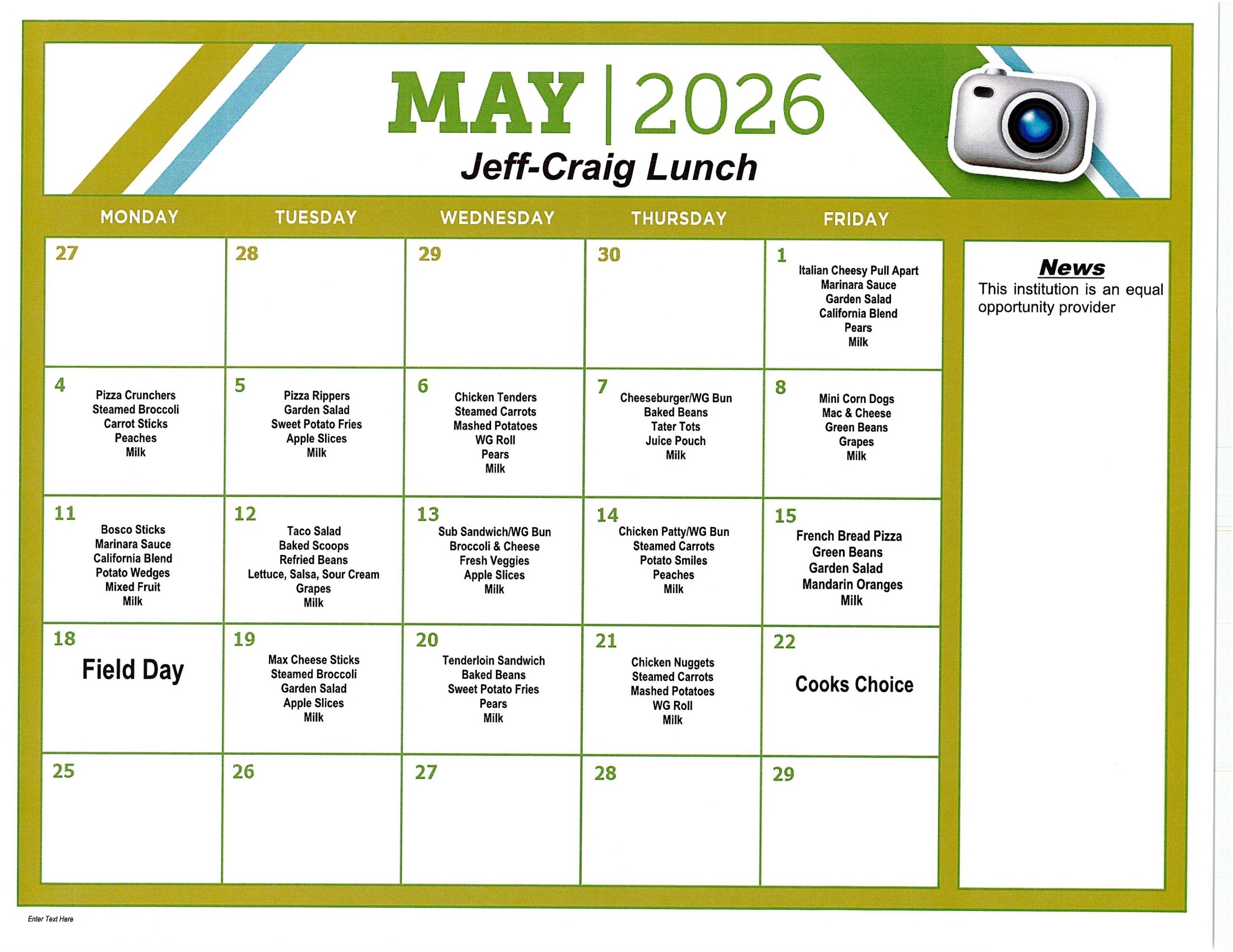 May 2026  Lunch Menu