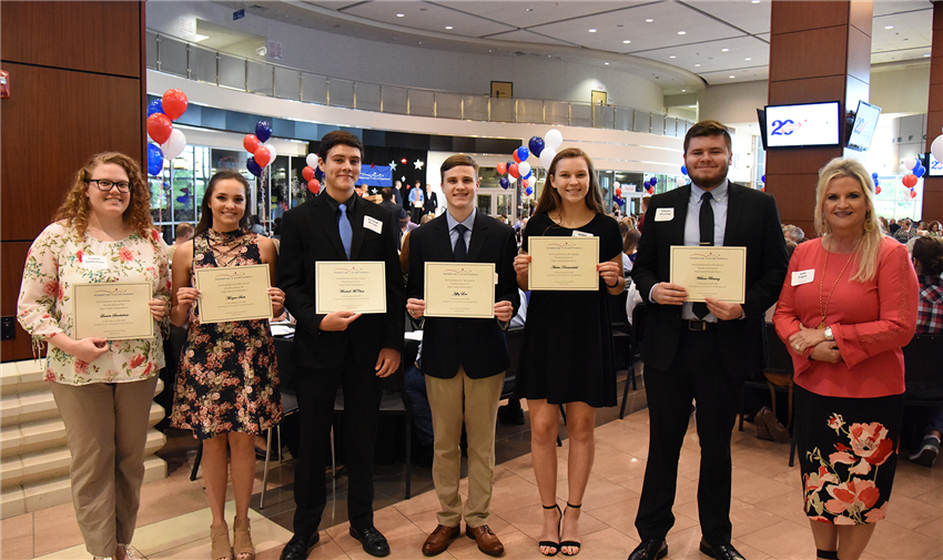 Pogue Family Endowment Scholarship – $1,000 each Lauren Sunderhaus, Victoria Scott, Marshall McClain, Jeffry Love, Amber Knoernschild, and William Blessing with Judy Pogue of Pogue Construction, Inc.