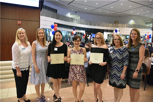 Vanessa Sun, Julia Zaksek, and Grace Steele with Foundation Board members Karen Simpson, Paige Perry, Susan Olinger, and Dr. Laura Ryan (not pictured - Yici Sun and Jiaxin Zhang)
