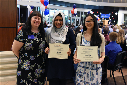 Friends of the Allen Public Library Scholarship – $500 each Rija Abbas and Abbigal Maeng with Susan Jackson, Friends of the Allen Public Library president