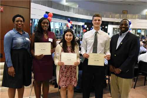 Dawson Private Wealth Higher Education Scholarship – $1,000 each Klaire Bentley, Justina Ghali, and Andrew Magee pictured with donors Jalauna and Steven Dawson  