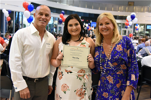 TradeMark Carwash Scholarship – $5,500 Caitlin Sotny with donors Tom and Kim Miller of TradeMark Carwash