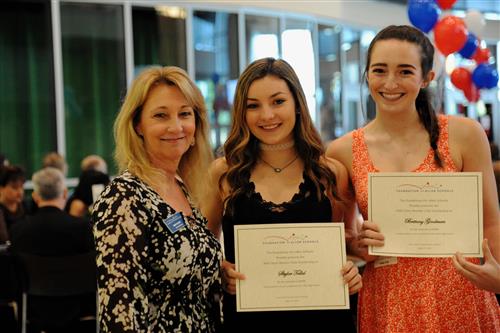 AHS Cheer Booster Club Scholarship - $500 each Skylar Tallal and Brittany Goodman with Foundation scholarship committee chair Pam Toups (not pictured - recipients Elisia Ahedo, Erin Palmer, Victoria Scerbo, and Taylor Trotter)  