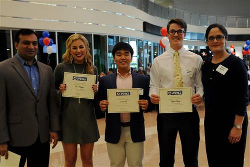 Allen ISD Council of PTAs Scholarship - $1,000 each Erin Flanigen, Joseph Kim, and Clayton Bailey with Allen ISD Council of PTAs representatives Paddu Srinivasan and Marisol Randle  
