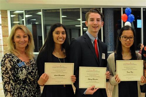 Foundation For Allen Schools Scholarship - $500-$1,500 each Surbhi Banubakode, Anthony Bruccoliere, and Carrie Chen with Foundation scholarship committee chair Pam Toups