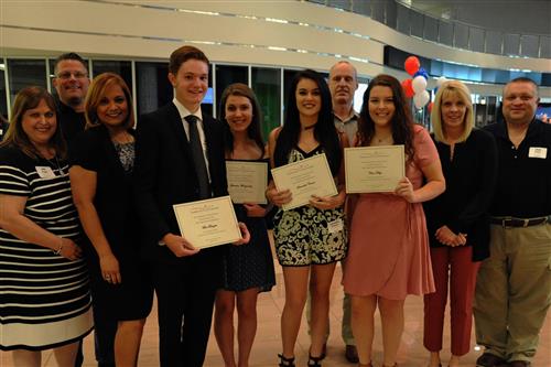 Allen Eagle Nation Scholarship - $750-$1,000 each Ben Brezette, Sheridan Montgomery, Samantha Crouch, and Clare Foley with Allen  Eagle Nation representatives Julie Gyger, Brandon Weber, Angie Ortiz, Wayne Boline,  Joyce Boline, and Chad Price