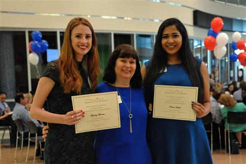 Friends of the Allen Public Library Scholarship - $500 Lindsay Browne  (not pictured - recipient Mohammad Saleh)   Tami Burich Memorial Scholarship - $850 Komal Jakkal  Pictured with Susan Jackson, Friends of the Allen Public Library president