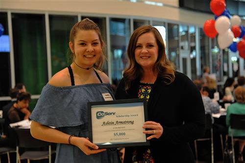 CoServ Charitable Foundation Scholarship - $5000 Ashtin Armstrong with Carrie Thomas, CoServ Charitable Foundation representative 
