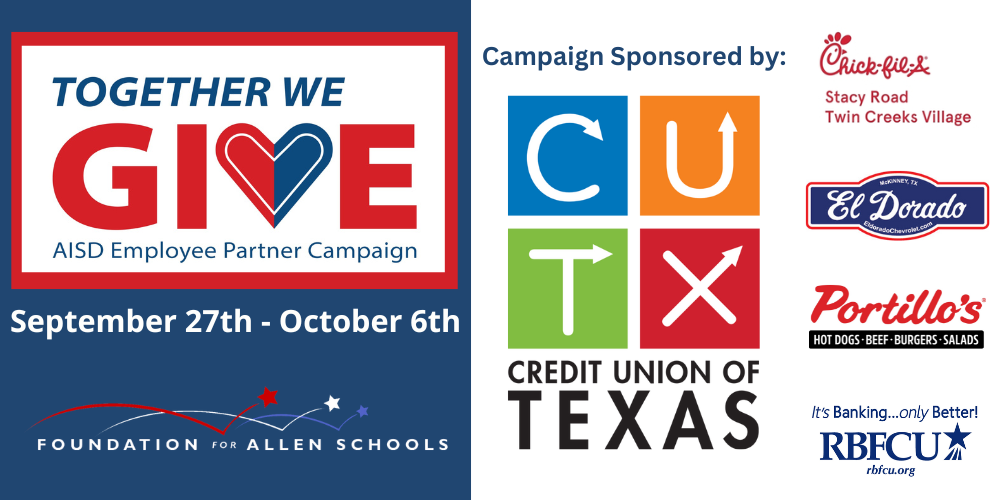 Employee Campaign Graphic- together we give.  With Sponsor Logos: CUTX, Chickfil-A, RBFCU and El Dorado Motors.