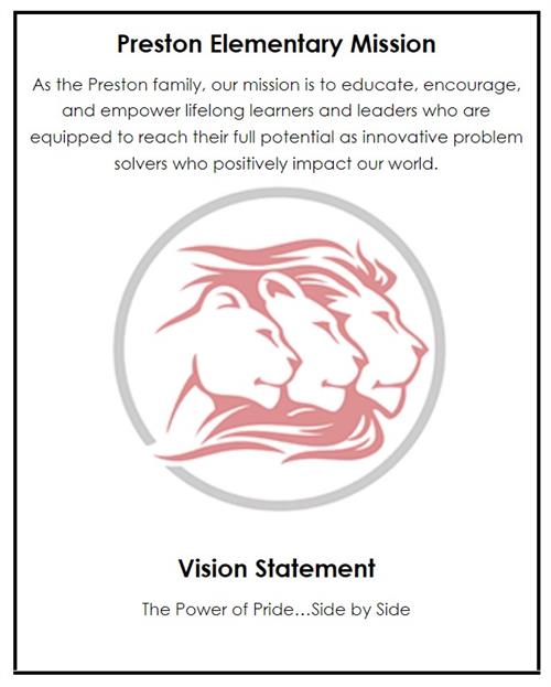 Preston Elementary Mission As the Preston family, our mission is to educate, encourage, and empower lifelong learners and leaders who are equipped to reach their full potential as innovative problem solvers who positively impact our world. Vision Statement The Power of Pride…..Side by Side