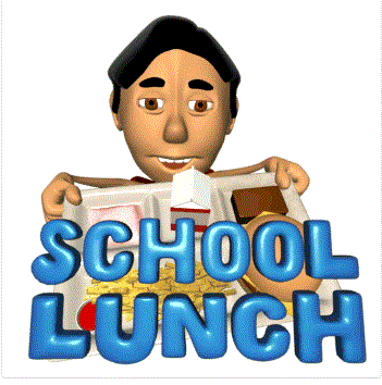 a 3d graphic of a student with a tray that reads "School Lunch"