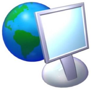 a graphic of a desktop computer in front of a globe