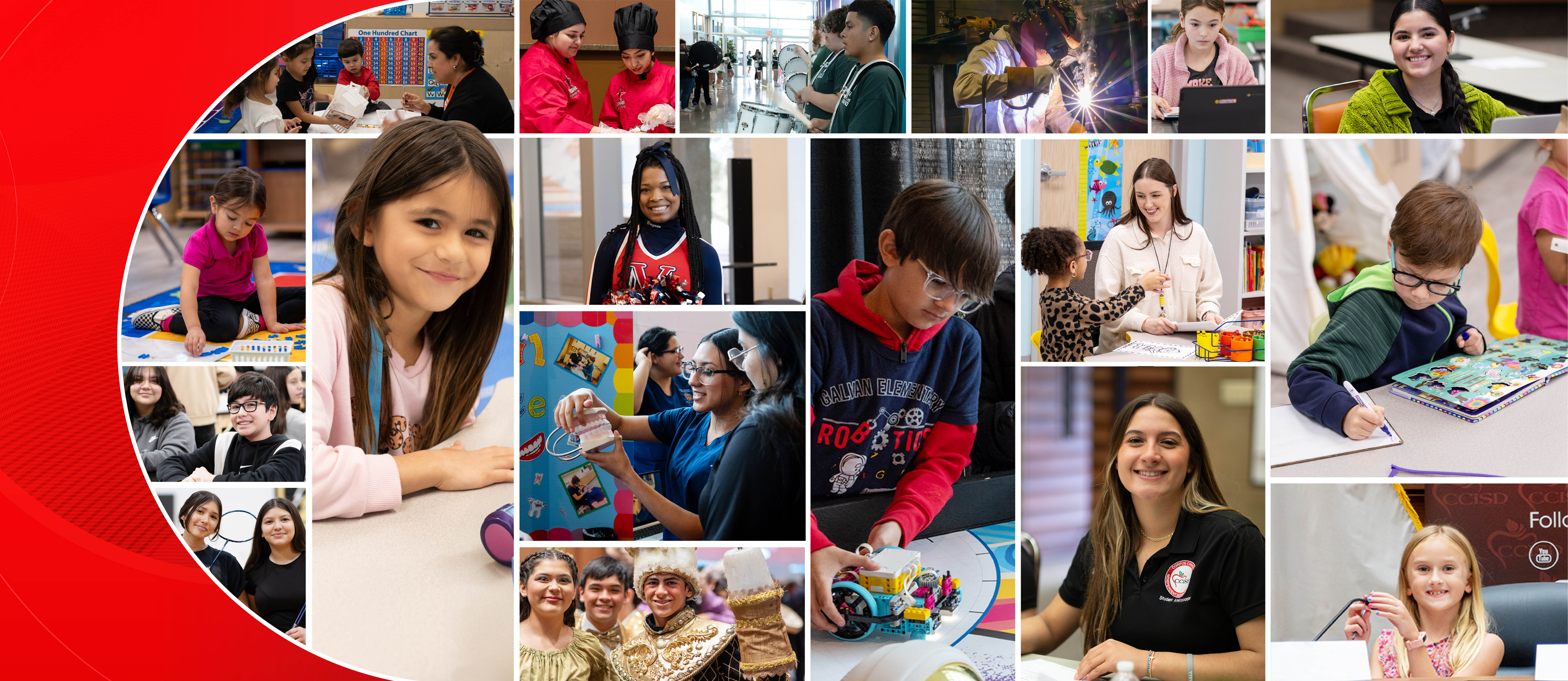An educational banner for the 2024-25 school year registration, displaying 'Now welcoming transfers and new students' with a collage of diverse students engaged in various school activities, including classroom learning, robotics, cheerleading, and fine arts.