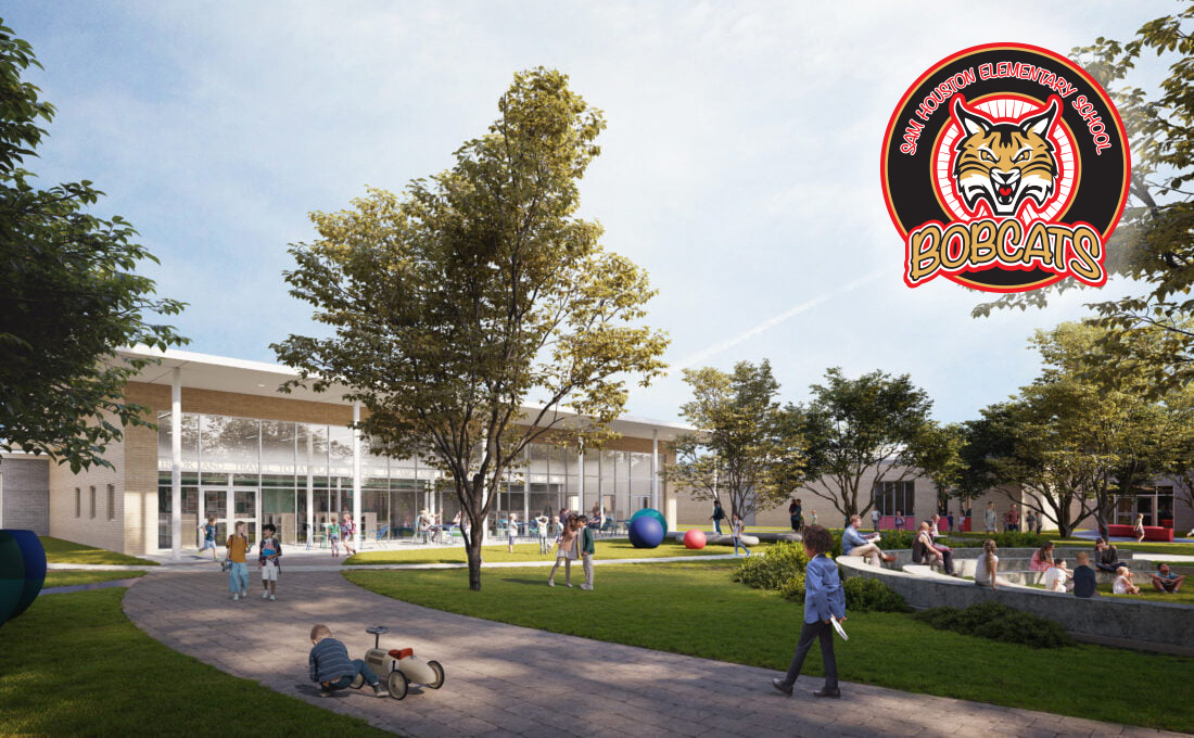 This is an architectural rendering of a modern school building with large glass windows and a flat roof. The courtyard features children playing among colorful geometric structures, with trees and green grass enhancing the environment.