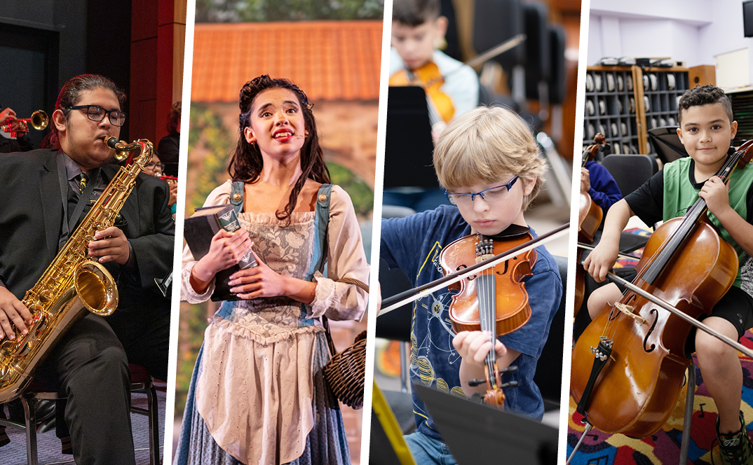 This image is a collage of four scenes: a student playing saxophone, a student performing on stage, a young boy playing violin, and another student playing cello. It showcases various fine arts activities, including music and theater.