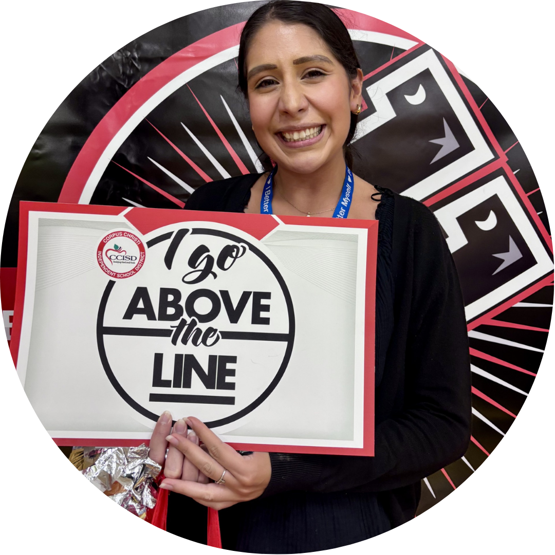 Woman in black holding a sign saying "160 Above the Line" in front of a red and black circular background.