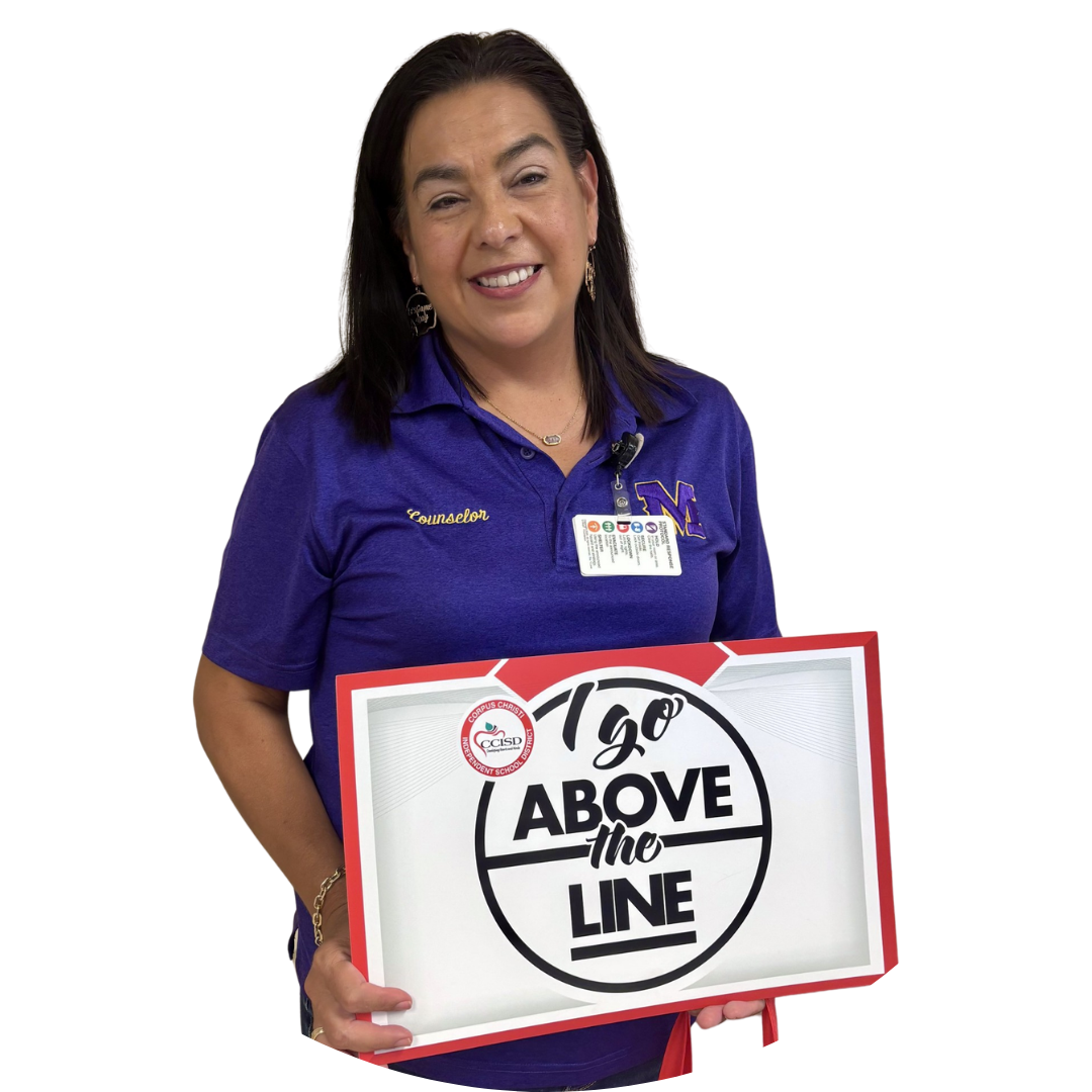 Woman in purple shirt holds sign with "Go Above the Line" in black and red, white background.
