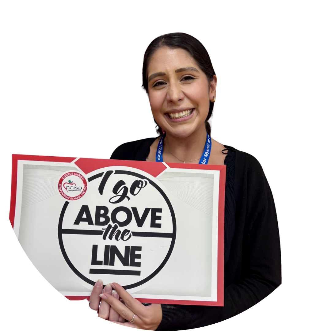 Woman holding a sign saying "I Go Above the Line" with a basketball outline on a white background.