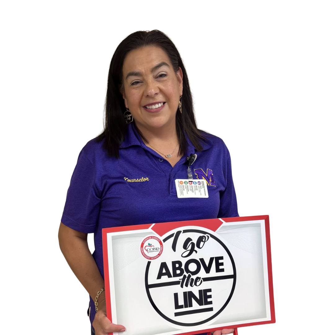 A smiling woman in a blue shirt holds a sign that reads "1go ABOVE the LINE" against a black background.