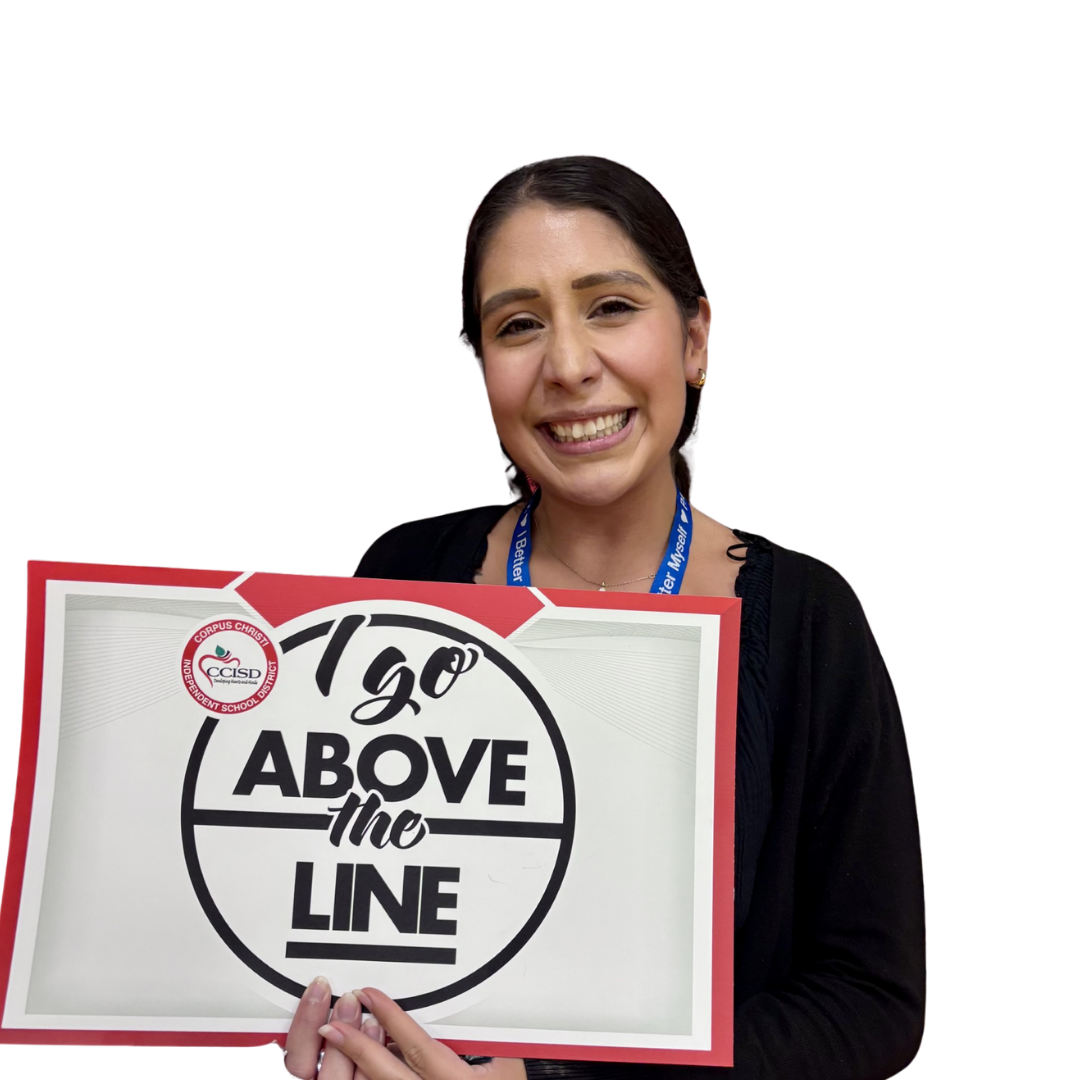 Person with a black top smiles while holding a white sign with black text reading "120 Above the Line."