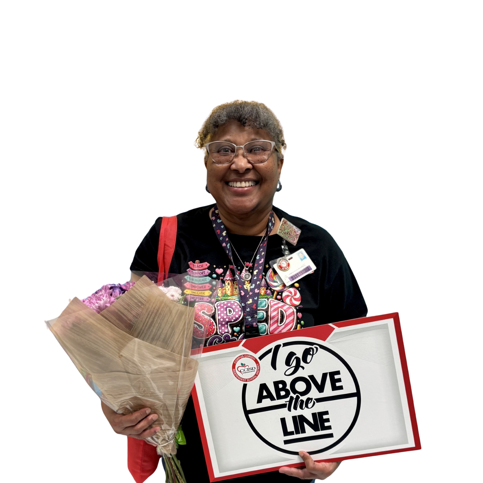 Person holding flowers and a sign reading "190 Above the Line" against a black background.
