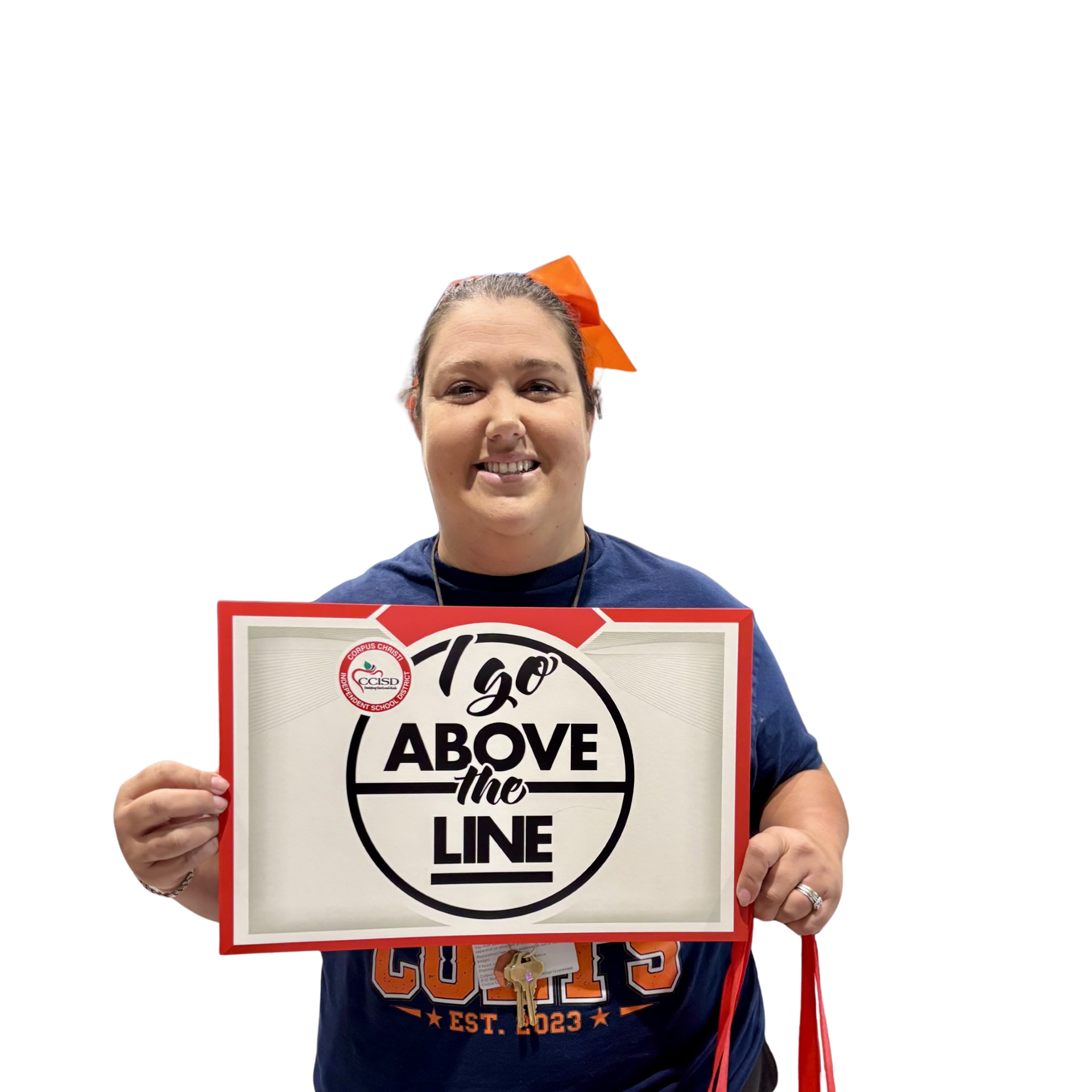 A woman holds a white sign reading "190 ABOVE THE LINE" and a red bag with a white logo.