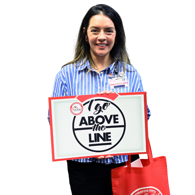Woman in blue shirt holds a sign that reads "170 ABOVE the LINE" over a red bag.