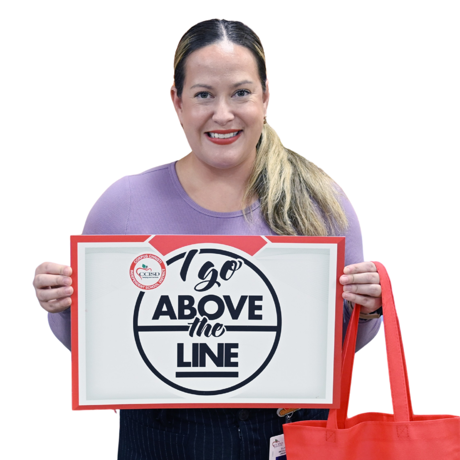 A woman with blond hair holding a red bag and a sign that reads "Go Above the Line."