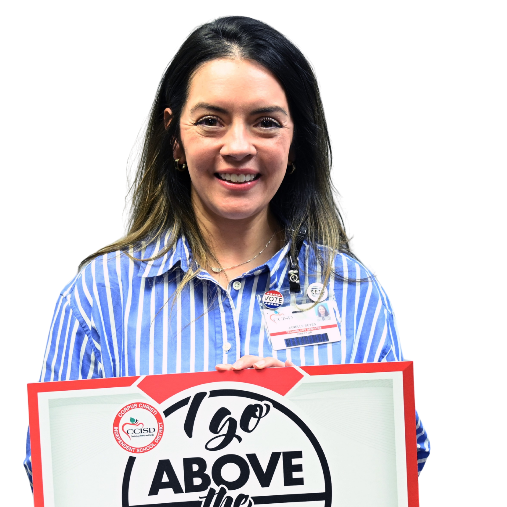 A woman holding a sign with white background, black text "Togo ABOVE the LINE" and red border.