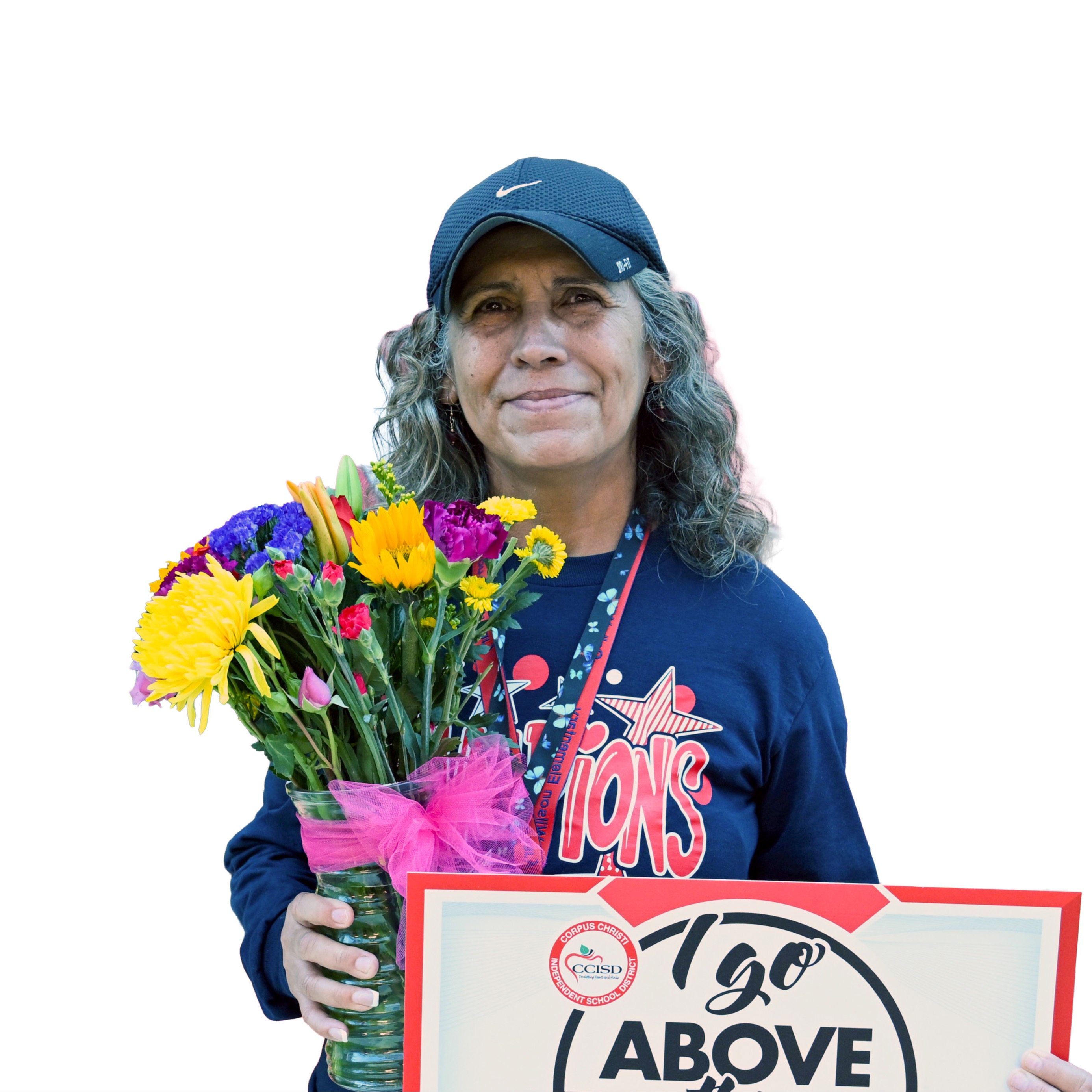 Person in blue hat holds colorful flowers and sign reading "150 ABOVE" on white background.