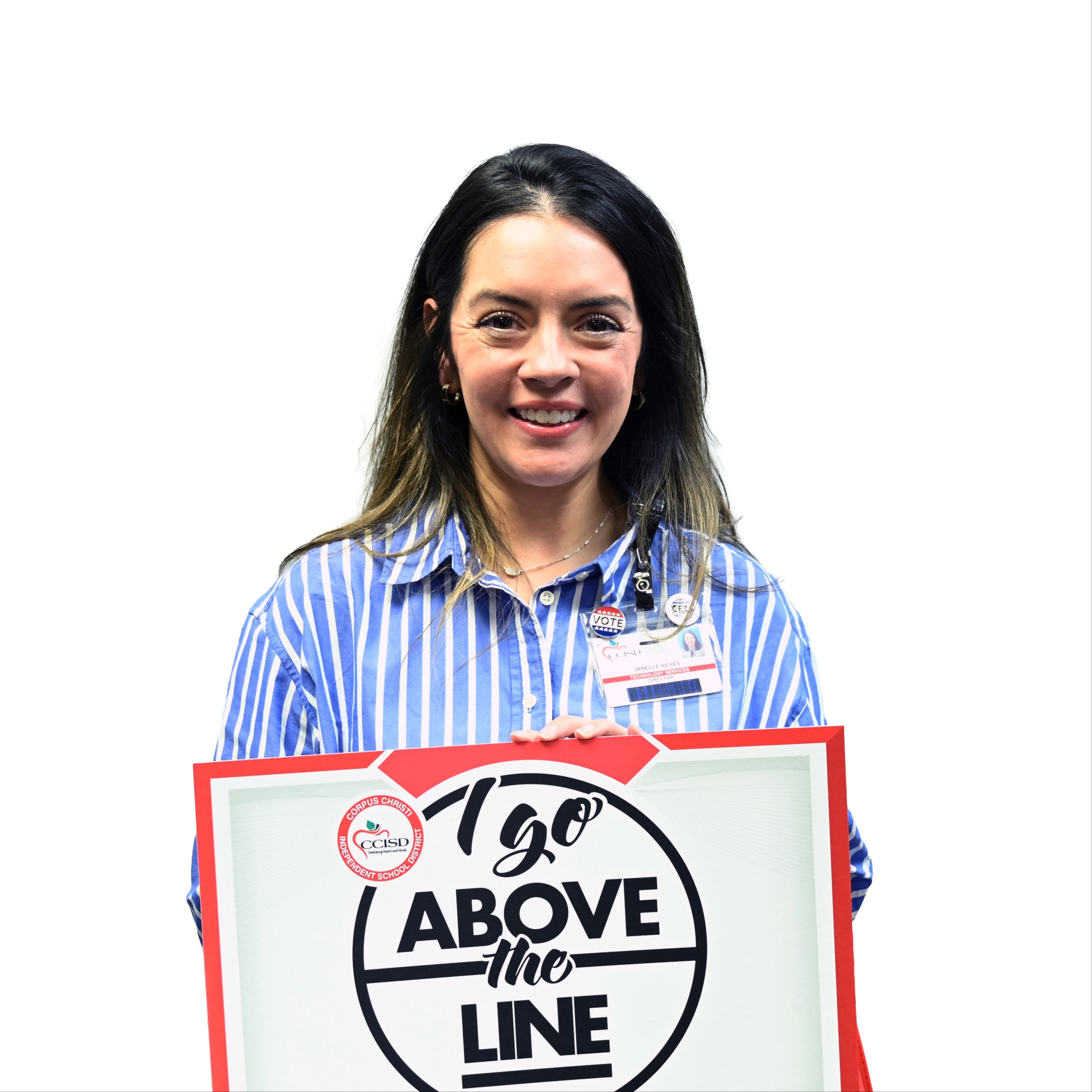 Woman holding a sign with text "I go above the line" and a logo.