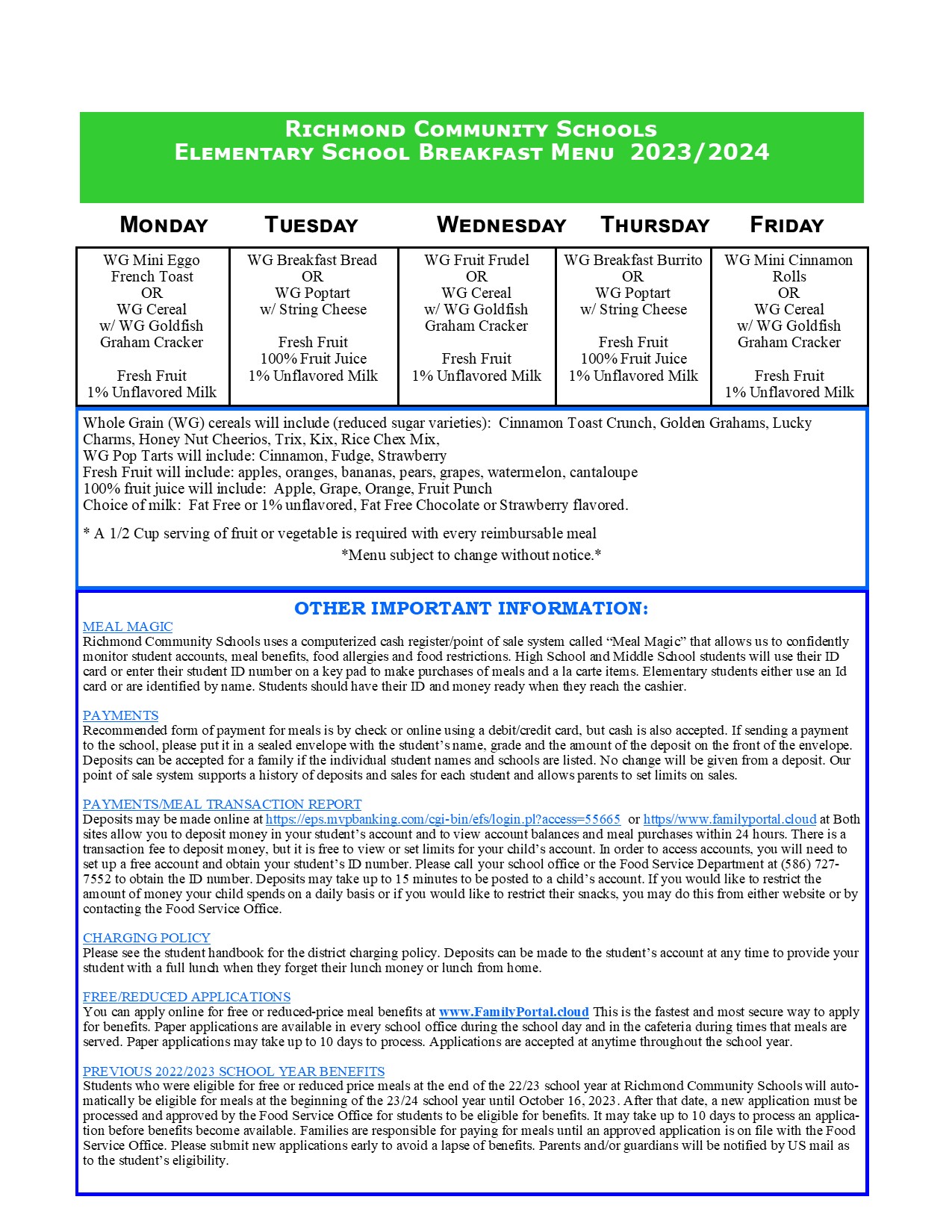 Quick Link Food Service Richmond Community Schools