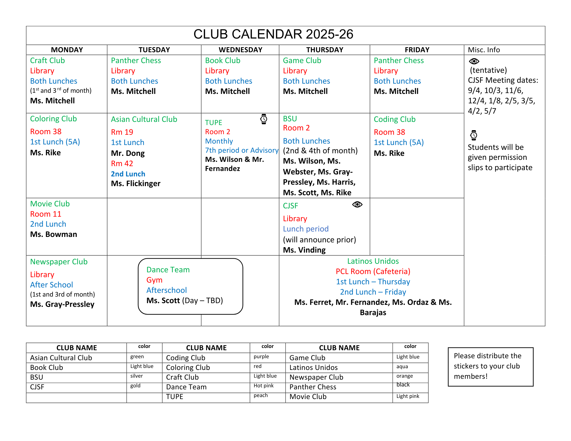 DVMS 2025 Club Calendar