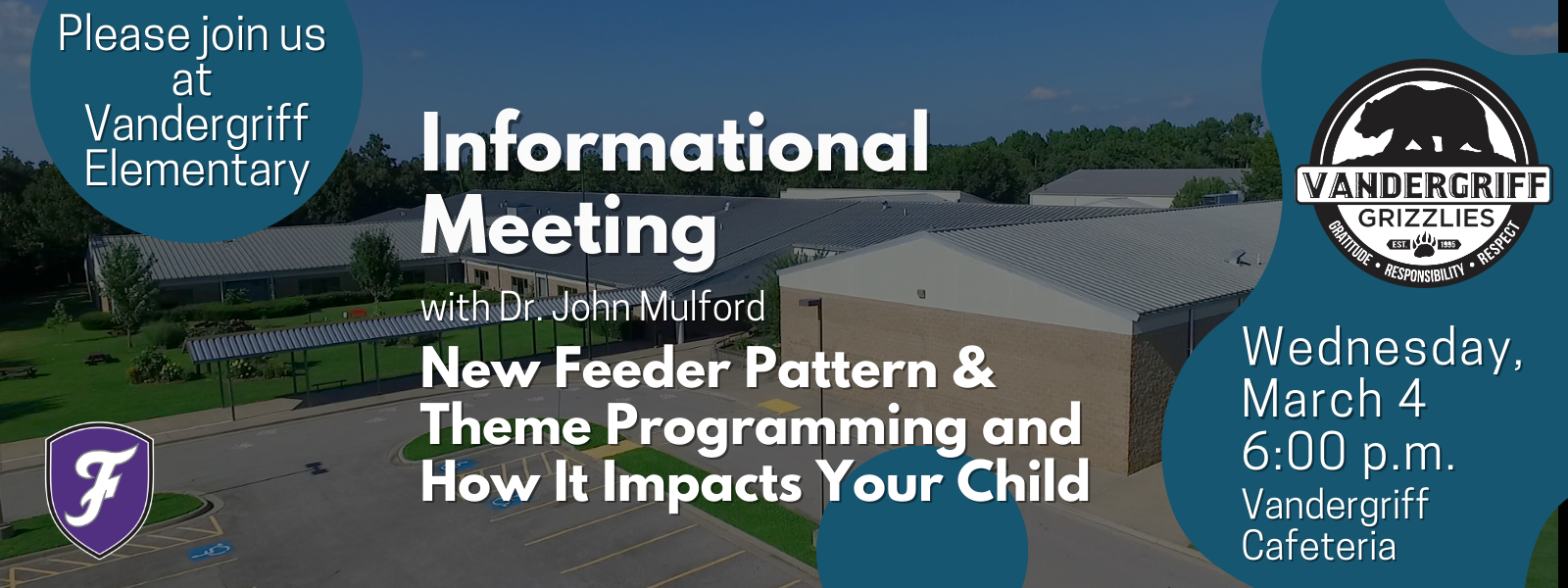 Poster with green and blue background. Text reads: "Informational Meeting with Dr. John Mulford." Date is Wednesday, March 4, 6:00 p.m.