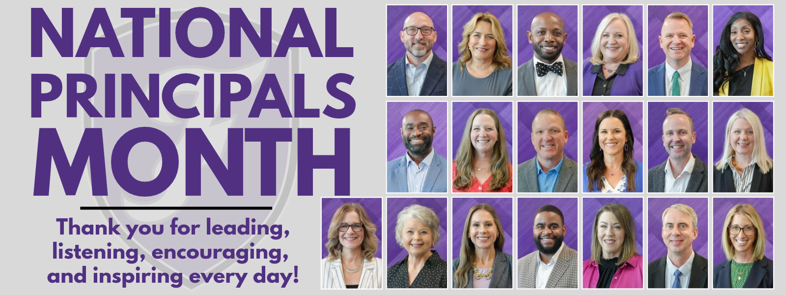 An advertisement for National Principals Month features multiple images of diverse adults in formal attire, with text emphasizing appreciation.
