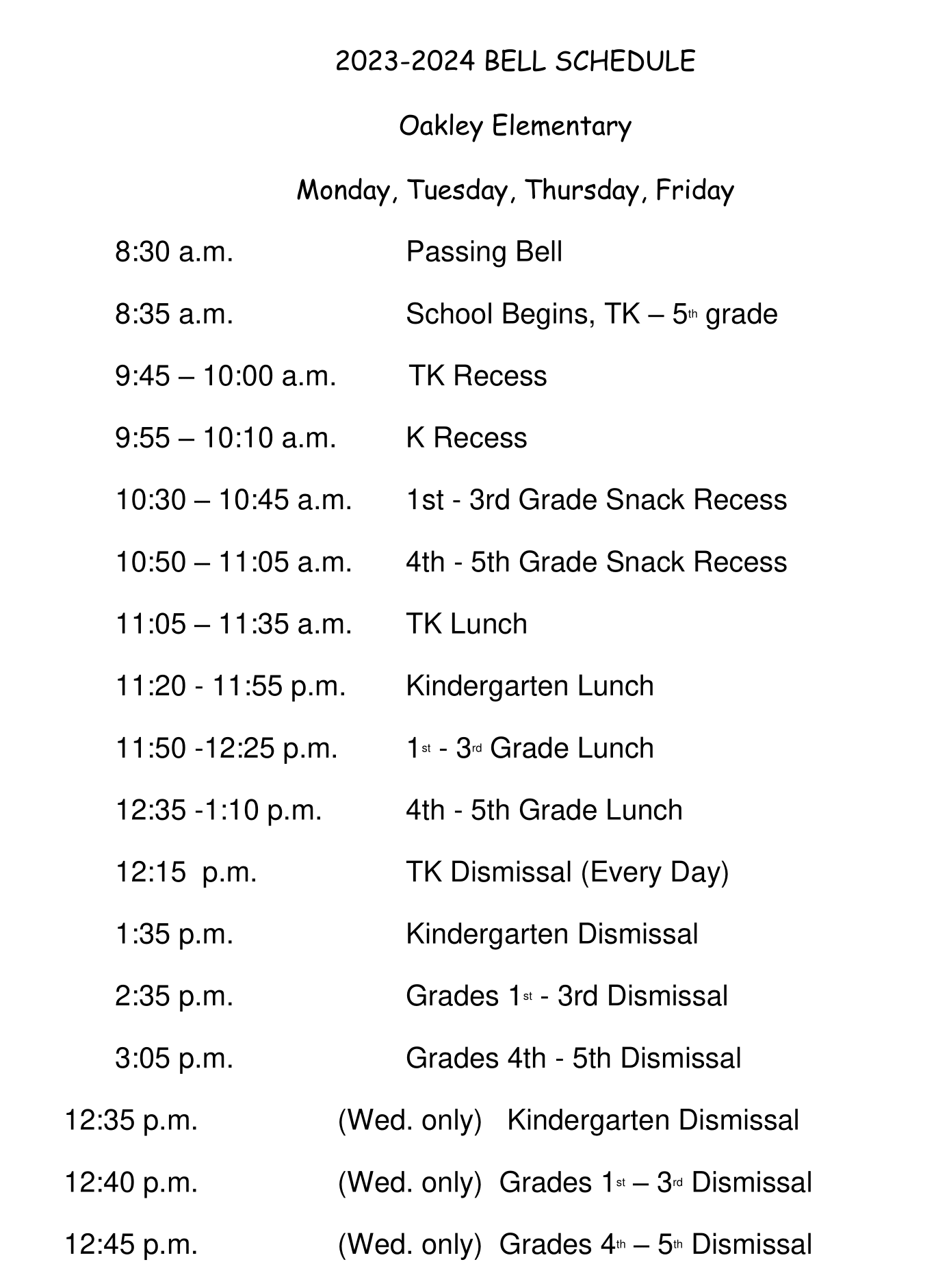 Bell Schedules | OAKLEY