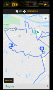 In map view, families can see their assigned bus stop, location of the school, and – when active