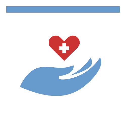 Icon of a red heart with a medical plus sign over an open hand to represent Health Benefits