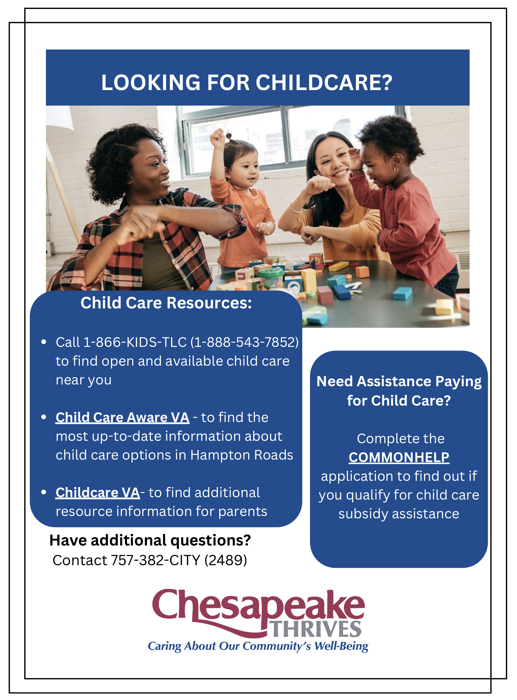 Thumbnail graphic of informational flyer. This graphic links to an ADA accessible PDF outlining all information about Chesapeake Thrives supports for child care.