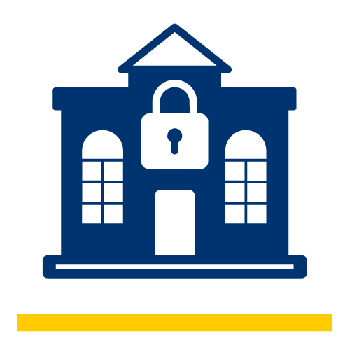 graphic shows a minimalist school with a lock to represent a school lockdown.