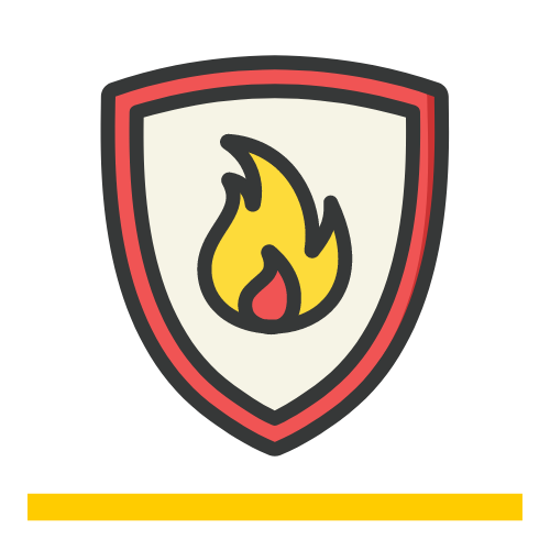 graphic shows a minimalist shield with a flame to represent a fire safety