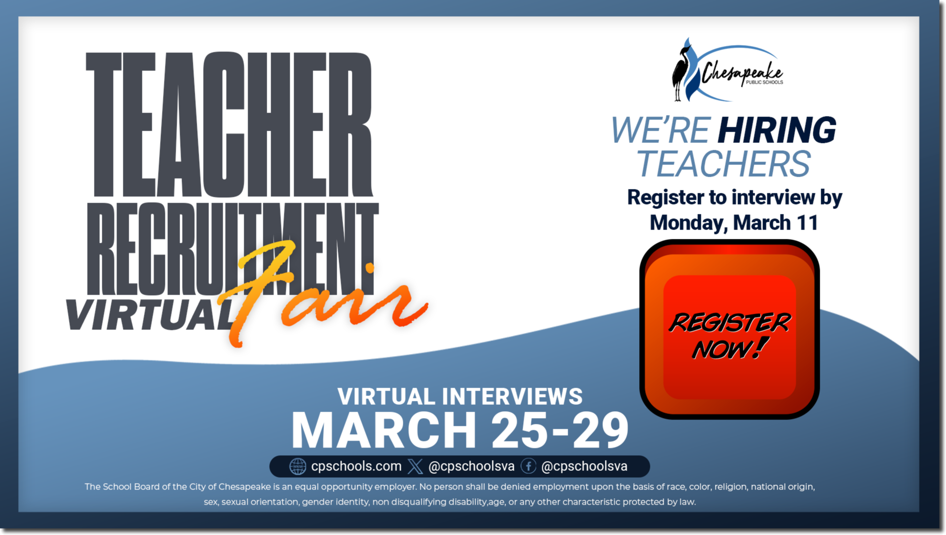 Chesapeake Public Schools (CPS) is hosting a Virtual Hiring Event! New and experienced teacher candidates are invited to register for a virtual interview. Candidates should complete a CPS application to upload their resume. To register for this event, please click here: https://docs.google.com/forms/d/180HFZtZNdDZEI1TpRN_Puyuj7rL5iSSGpWwAmOHZxIg/viewform?edit_requested=true Be sure to submit your online teaching application online: https://www.cpschools.com/.../page/employment-opportunities 