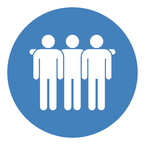 clip art graphic of 3 human figures standing shoulder to shoulder. The center figure has their arms around the other two shoulders.  The figures are on a circle background
