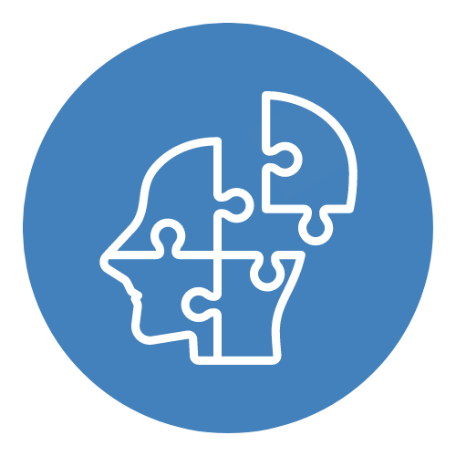 clip art graphic of a human head in profile that is sectioned into puzzle pieces on a circle background