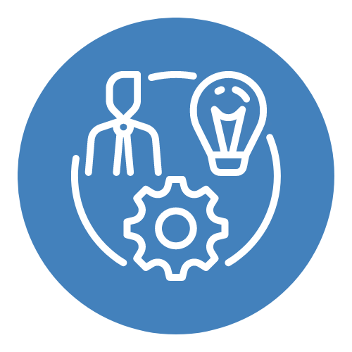 clip art graphic of 3 figures in a circuitous arrangement. The 3 figures are a human, a lightbulb, and a gear  on a circle background