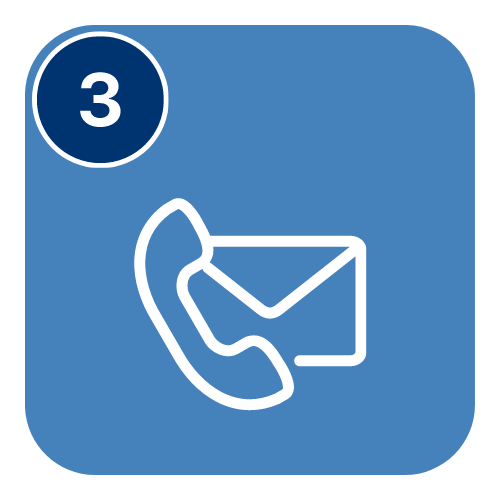 Branded Blue Graphic featuring a #3 (to identify step 3 of a process) with a clip art graphic of a phone and an envelope to represent communication.