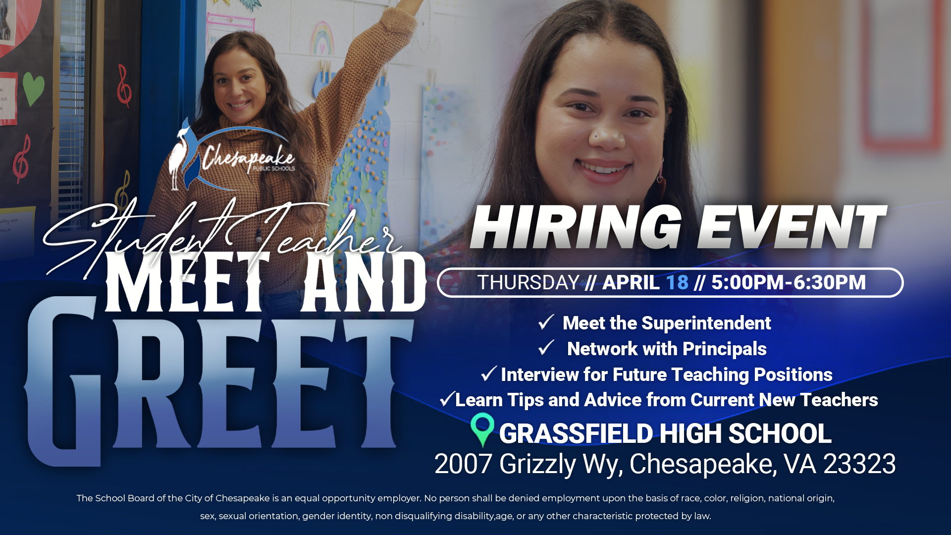 Hiring and Networking Event marketing graphic featuring two candid photos of student teachers. Full details of the text are outlined in this calendar event: https://www.cpschools.com/events?id=27059213