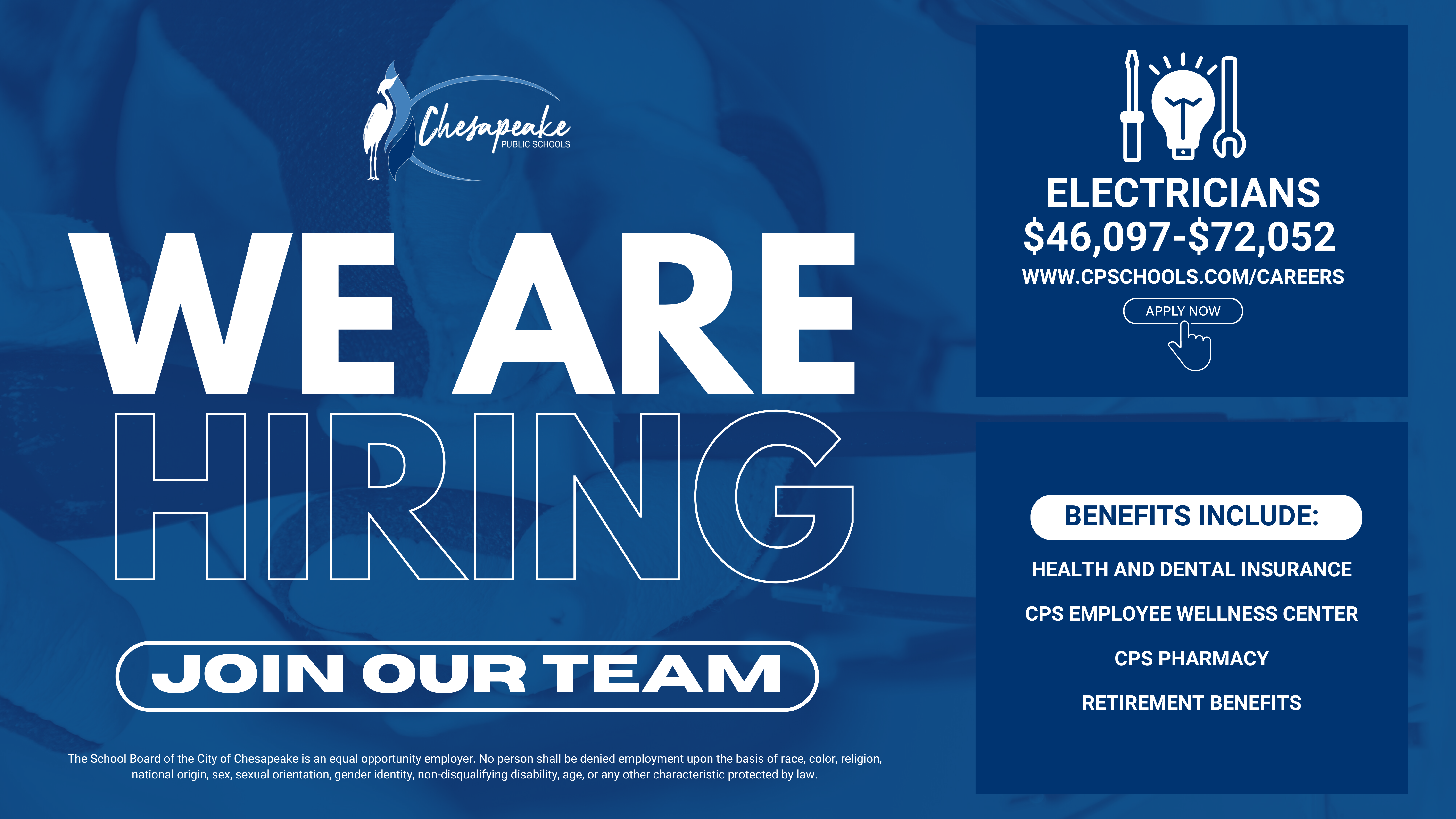 WE ARE HIRING - Join our team!  Electricians ($46,097-$72,052), benefits include: Health &amp; Dental Insurance, CPS Employee Wellness Center, CPS Pharmacy, Retirement Benefits