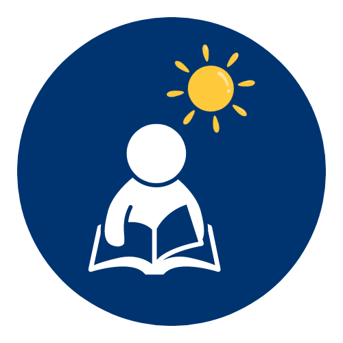 a graphic of an avatar person reading a book under a yellow sunshine.